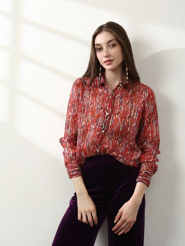 Globus Women Maroon Spread Collar Abstract Print Lurex Details Cuffed Sleeves Relaxed Fit Satin Party Shirt