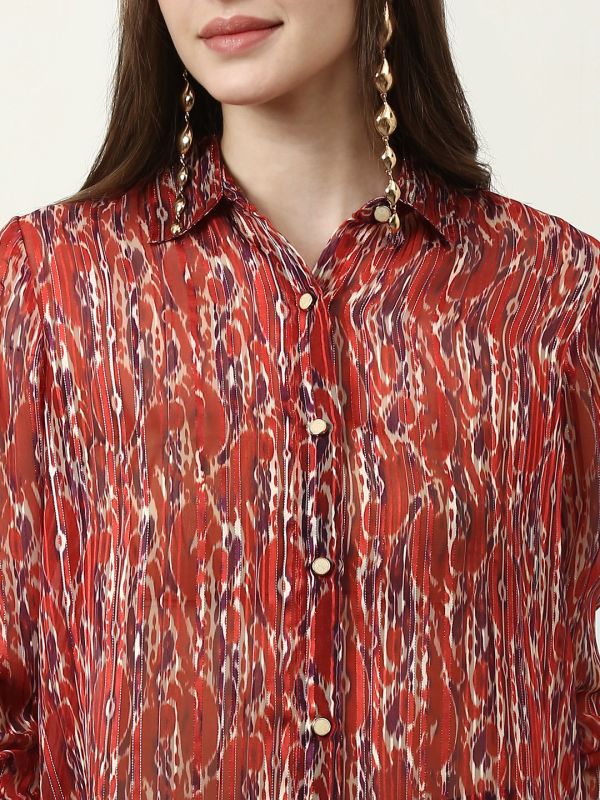 Globus Women Maroon Spread Collar Abstract Print Lurex Details Cuffed Sleeves Relaxed Fit Satin Party Shirt
