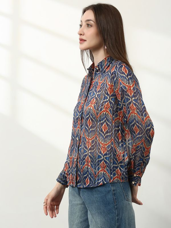 Globus Women Blue Spread Collar Ethnic Print Lurex Details Cuffed Sleeves Relaxed Fit Satin Party Shirt 