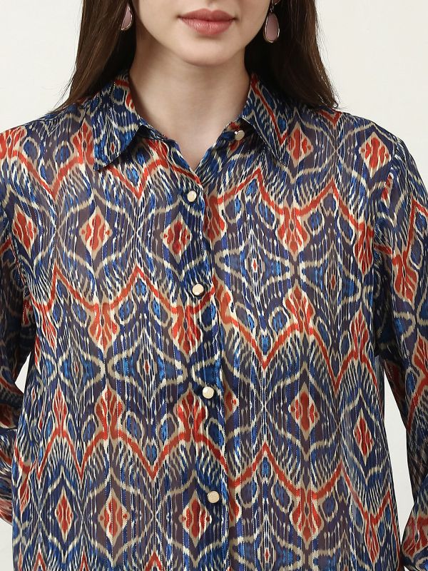 Globus Women Blue Spread Collar Ethnic Print Lurex Details Cuffed Sleeves Relaxed Fit Satin Party Shirt 
