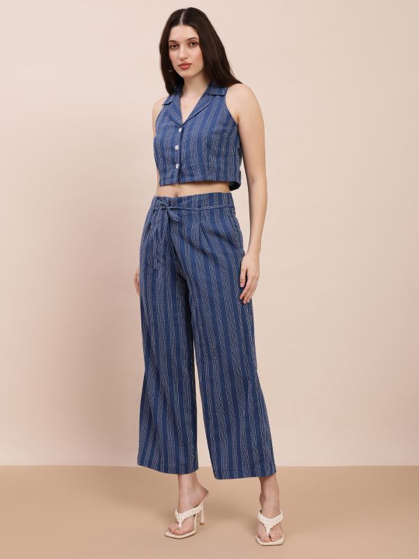 Globus Women Blue Self-Design Notched Lapel Crop Shirt & Wide Leg Trousers Workwear Co-Ord Set