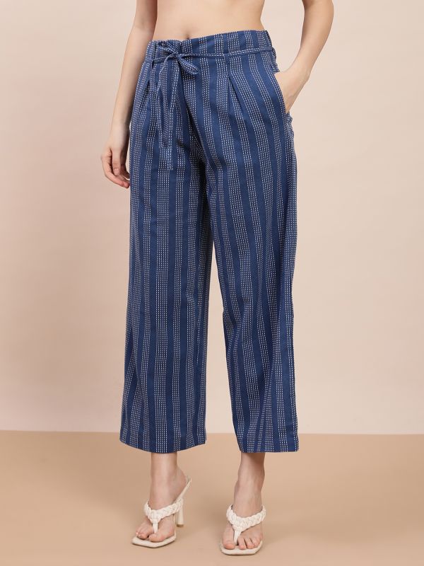 Globus Women Blue Self-Design Notched Lapel Crop Shirt & Wide Leg Trousers Workwear Co-Ord Set