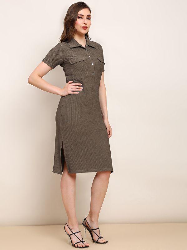 Globus Women Brown Collared Neck Short Sleeves Self Design Utility Pockets Side Slits Midi Workwear Shirt Dress