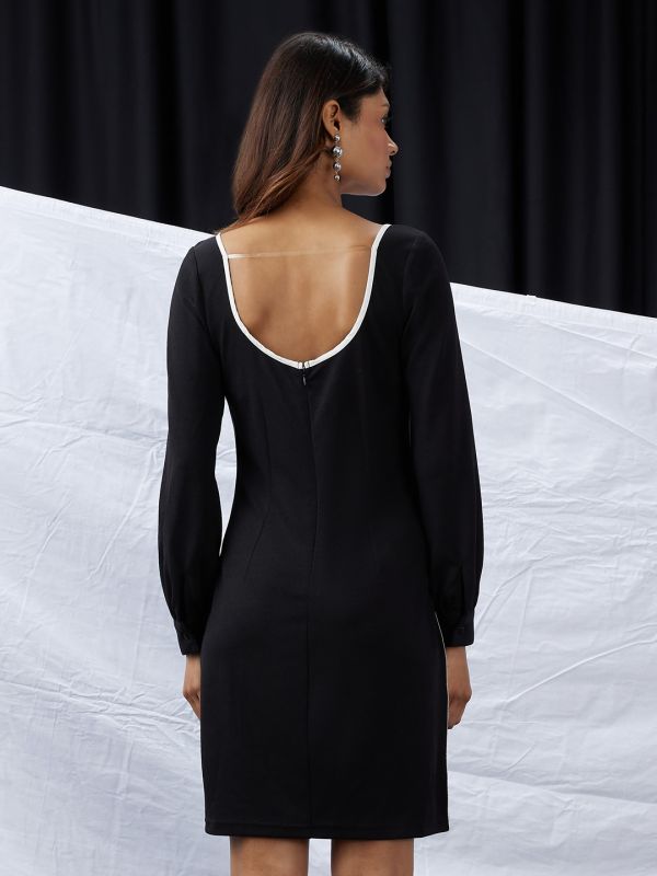 Globus Women Black Sweetheart Neck Cuffed Sleeves Self Design Mini Sheath Workwear Dress