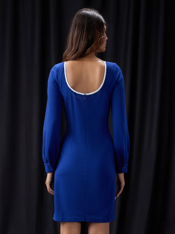 Globus Women Blue Sweetheart Neck Cuffed Sleeves Self Design Mini Sheath Workwear Dress