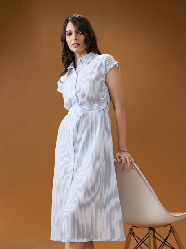 Globus Women Blue Collared Neck Extended Sleeves Striped Midi Workwear Shirt Dress With Belt