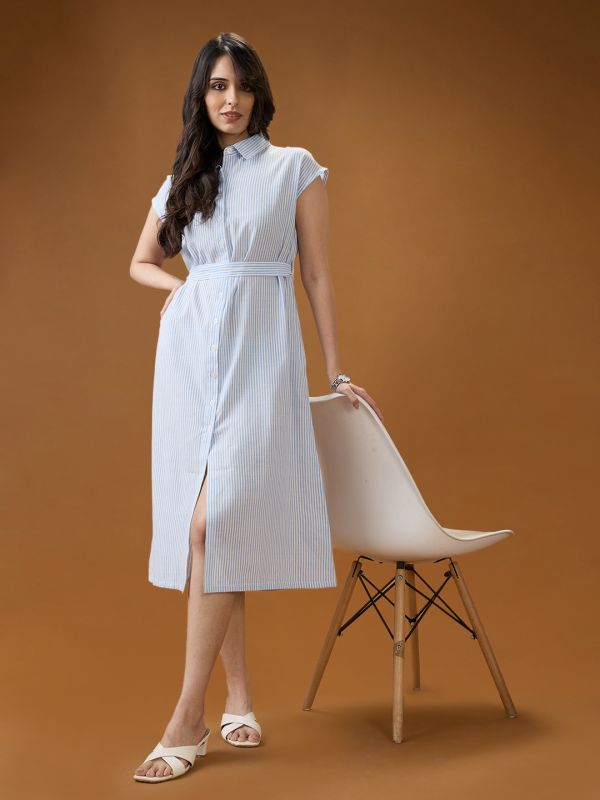 Globus Women Blue Collared Neck Extended Sleeves Striped Midi Workwear Shirt Dress With Belt