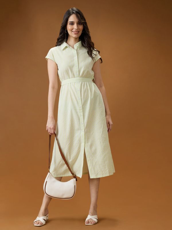 Globus Women Green Collared Neck Extended Sleeves Striped Midi Workwear Shirt Dress With Belt