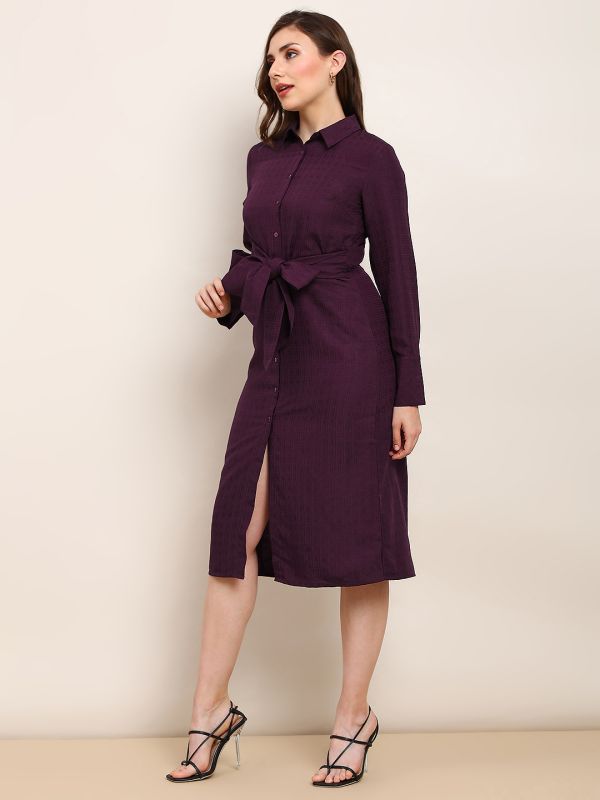 Globus Women Burgundy Collared Neck Cuffed Sleeves Self Design Waist Tie-Ups Midi Workwear Shirt Style Dress