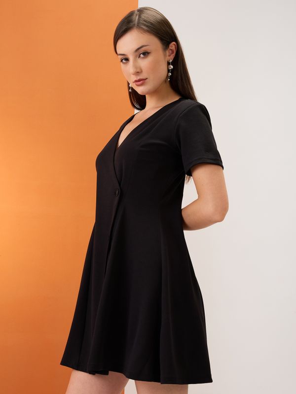 Globus Women Black V-Neck Hong Button Double Breasted Flared Hem Mini Workwear Wrap Blazer Dress