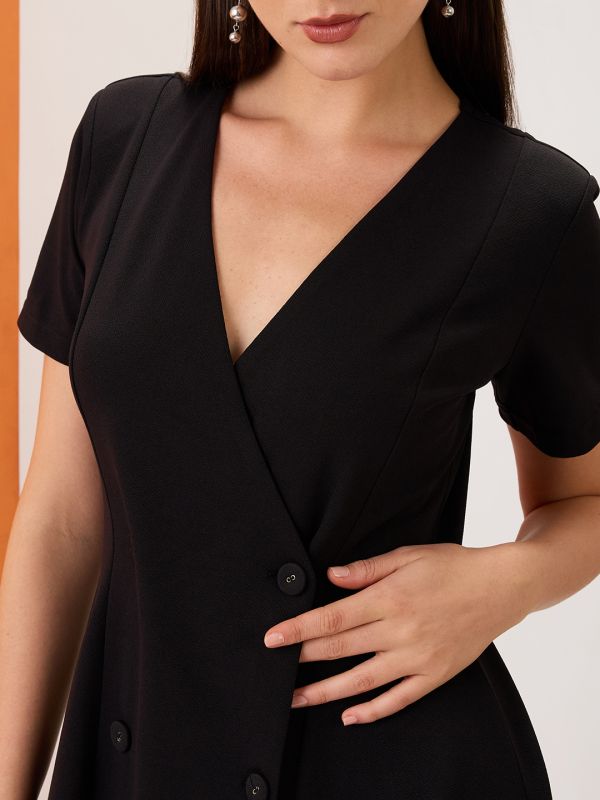 Globus Women Black V-Neck Hong Button Double Breasted Flared Hem Mini Workwear Wrap Blazer Dress