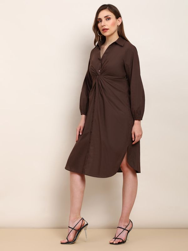 Globus Women Brown Collared Neck Bishop Sleeves Curved Hem Twist Knot Detail Midi Workwear Shirt Style Dress