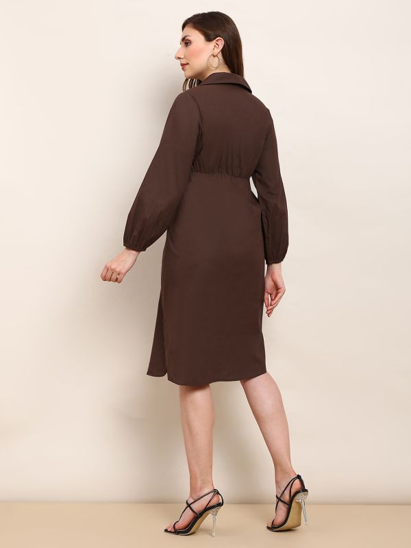 Globus Women Brown Collared Neck Bishop Sleeves Curved Hem Twist Knot Detail Midi Workwear Shirt Style Dress