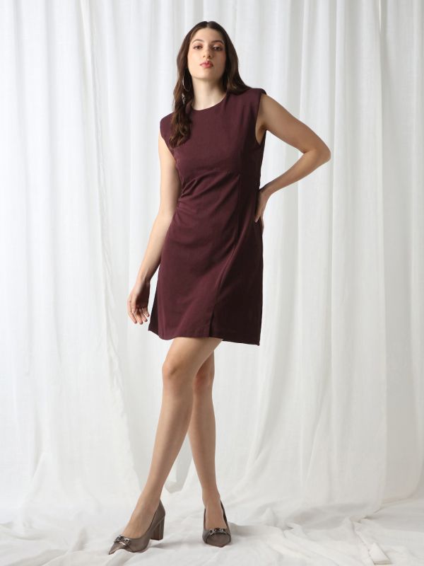 Globus Women Wine Round Neck Shoulder Pads Self Design Mini Workwear Sheath Dress