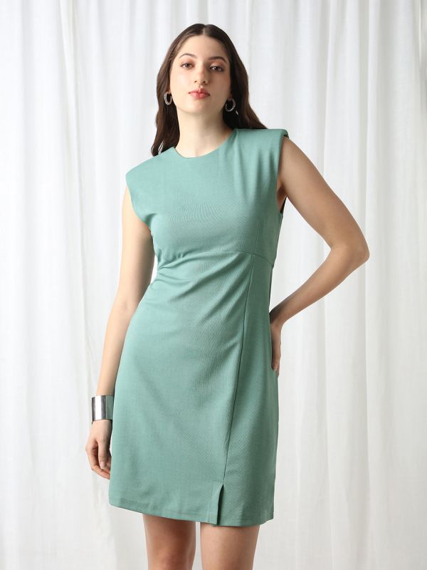 Globus Women Green Round Neck Shoulder Pads Self Design Mini Workwear Sheath Dress