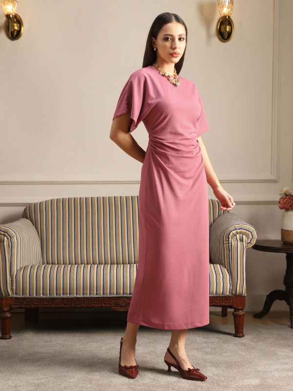 Globus Women Pink Round Neck Extended Sleeves Pleated Midi Bodycon Workwear Dress