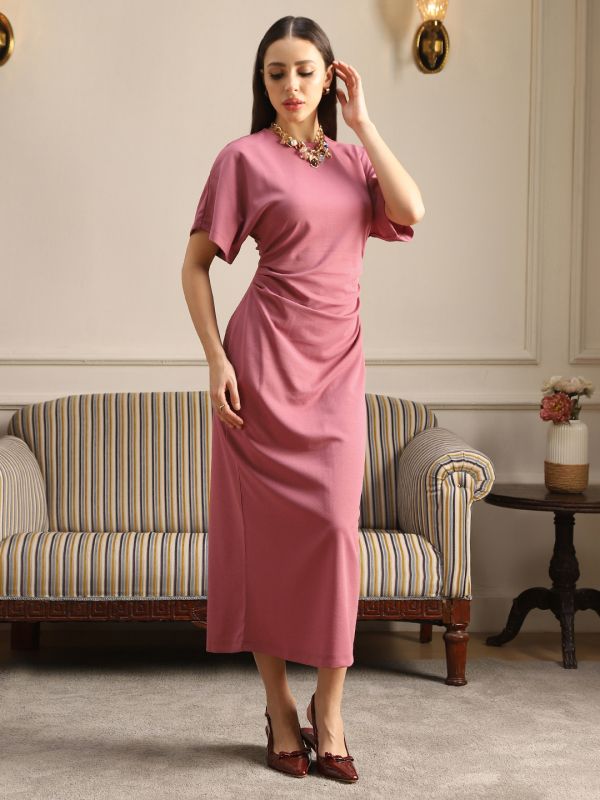 Globus Women Pink Round Neck Extended Sleeves Pleated Midi Bodycon Workwear Dress
