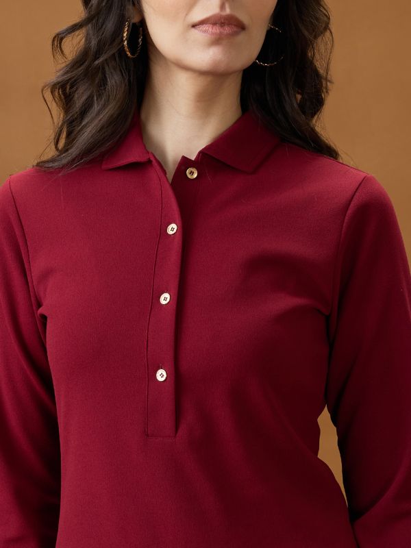 Globus Women Maroon Shirt Collar Long Sleeves Solid Mini Bodycon Workwear Dress