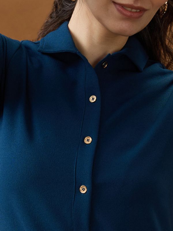 Globus Women Blue Shirt Collar Long Sleeves Solid Mini Bodycon Workwear Dress