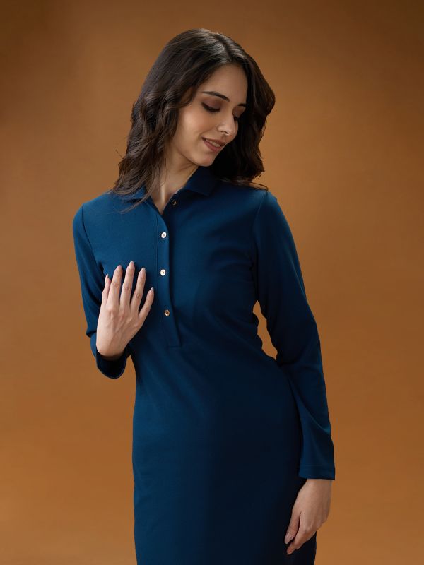 Globus Women Blue Shirt Collar Long Sleeves Solid Mini Bodycon Workwear Dress