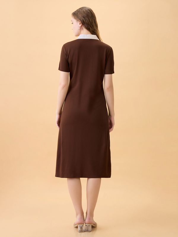 Globus Women Brown Collared Neck Short Sleeves Self Design Side Slits Midi Workwear Shirt Dress