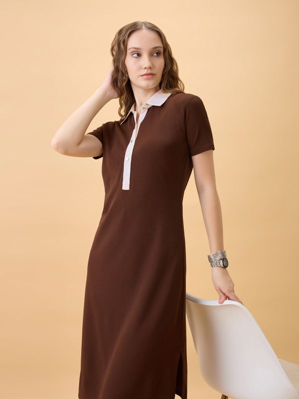 Globus Women Brown Collared Neck Short Sleeves Self Design Side Slits Midi Workwear Shirt Dress