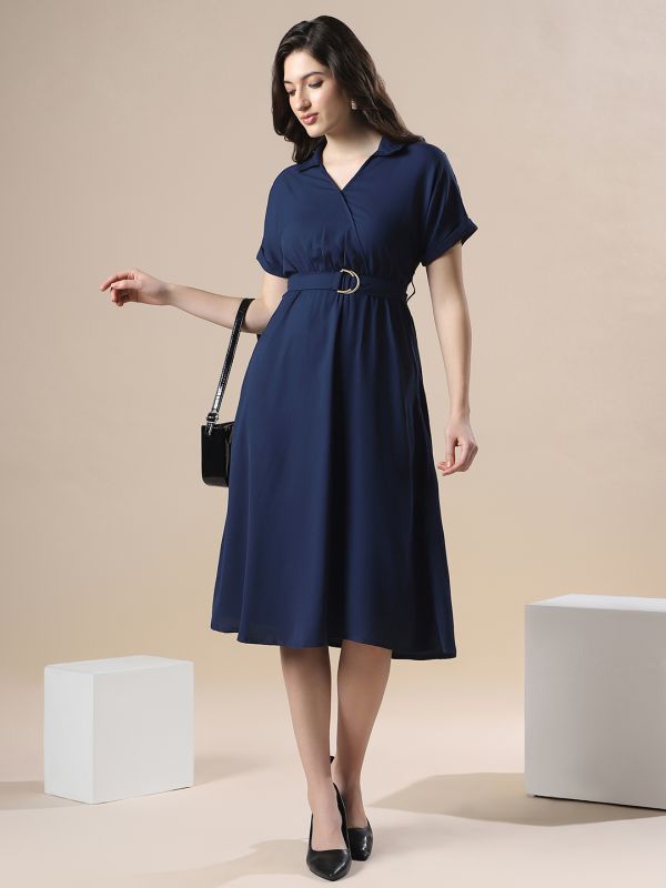 Globus Women Navy V-Neck Extended Sleeve Belted Detail Fit & Flare Work Wear Midi Dress