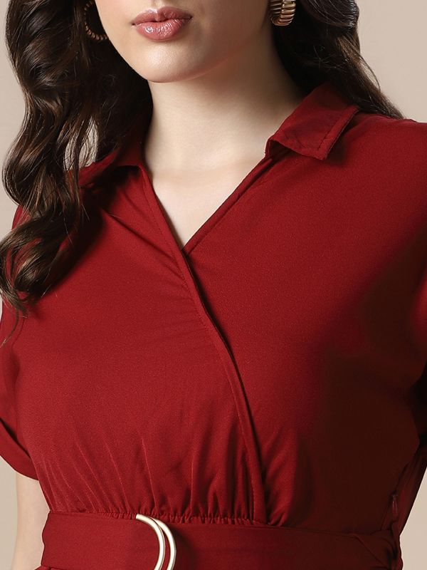 Globus Women Maroon V-Neck Extended Sleeve Belted Detail Fit & Flare Work Wear Midi Dress