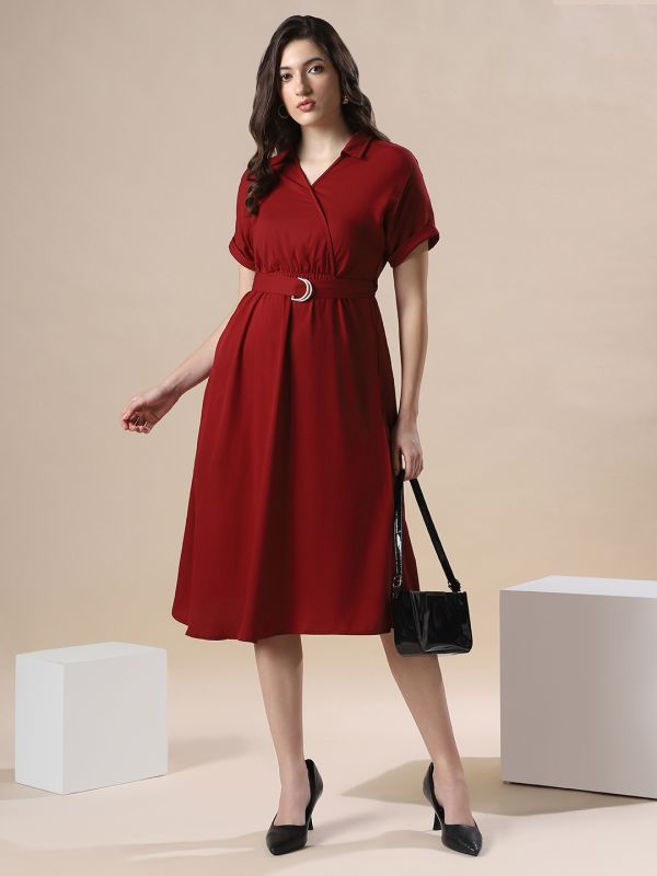 Globus Women Maroon V-Neck Extended Sleeve Belted Detail Fit & Flare Work Wear Midi Dress