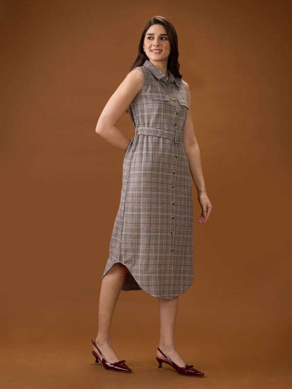 Globus Women Brown Collared Neck Sleeveless Checkered Curved Hem Midi Shirt Style Dress With Belt