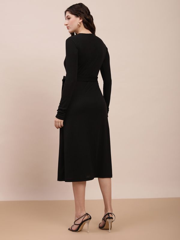 Globus Women Black Self-Design Rib Round Neck Long Sleeves Belted A-Line Midi Dress