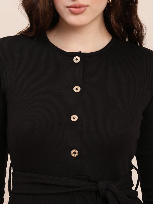 Globus Women Black Self-Design Rib Round Neck Long Sleeves Belted A-Line Midi Dress