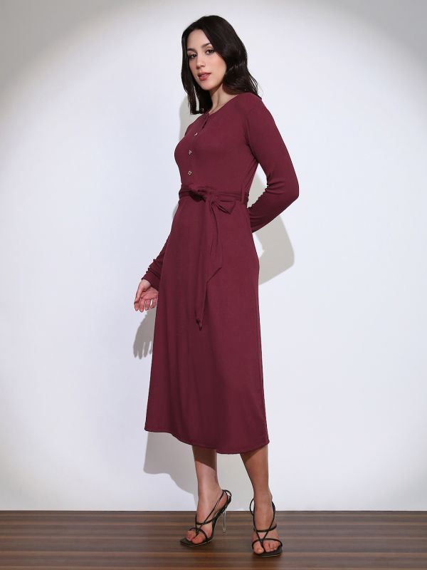 Globus Women Maroon Self Design Round Neck Long Sleeves Fit & Flared Ribbed Belted Midi Dress