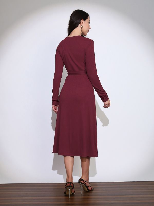 Globus Women Maroon Self Design Round Neck Long Sleeves Fit & Flared Ribbed Belted Midi Dress