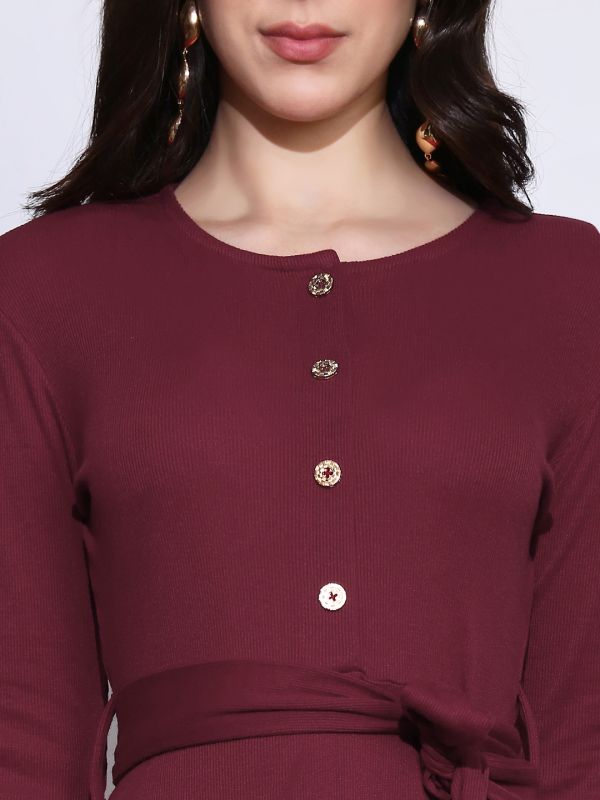 Globus Women Maroon Self Design Round Neck Long Sleeves Fit & Flared Ribbed Belted Midi Dress