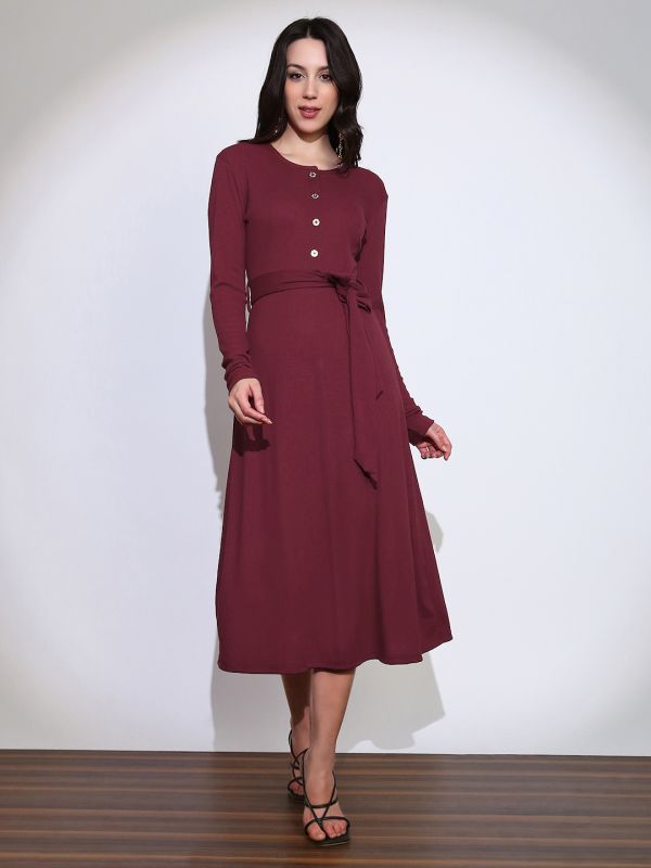 Globus Women Maroon Self Design Round Neck Long Sleeves Fit & Flared Ribbed Belted Midi Dress