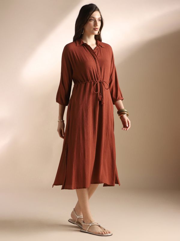 Globus Women Rust Self Design Collared Neck Waist Tie-Ups Shirt Style Fit & Flare Midi Workwear Dress