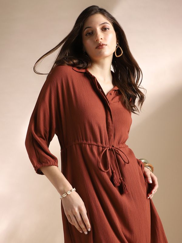 Globus Women Rust Self Design Collared Neck Waist Tie-Ups Shirt Style Fit & Flare Midi Workwear Dress