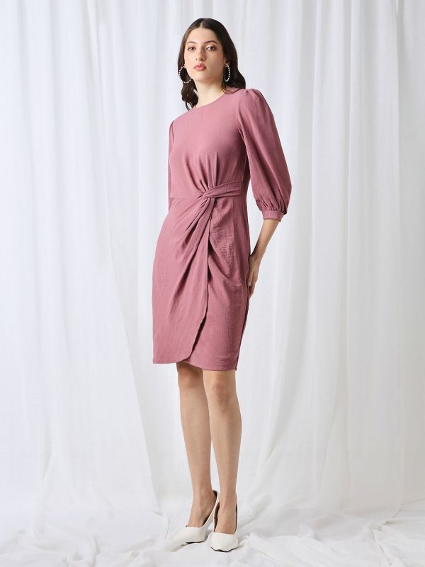 Globus Women Pink Round Neck Puff Sleeves Self Design Twisted Detail Mini Workwear Sheath Dress