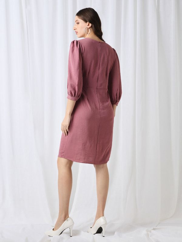 Globus Women Pink Round Neck Puff Sleeves Self Design Twisted Detail Mini Workwear Sheath Dress