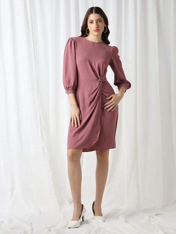 Globus Women Pink Round Neck Puff Sleeves Self Design Twisted Detail Mini Workwear Sheath Dress