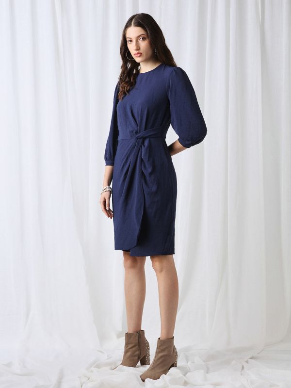 Globus Women Blue Round Neck Puff Sleeves Self Design Twisted Detail Mini Workwear Sheath Dress