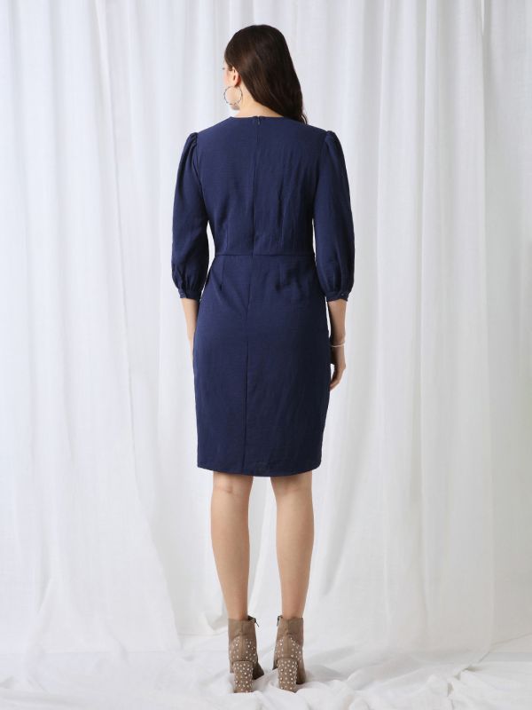 Globus Women Blue Round Neck Puff Sleeves Self Design Twisted Detail Mini Workwear Sheath Dress