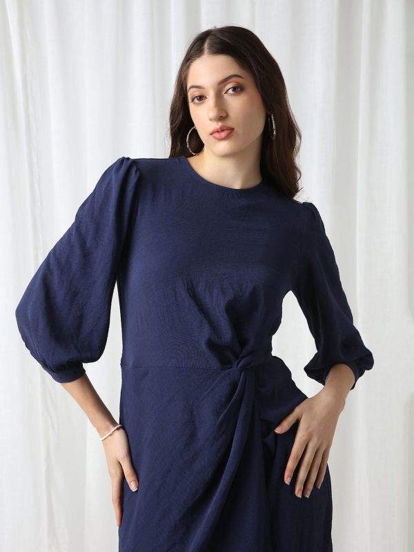 Globus Women Blue Round Neck Puff Sleeves Self Design Twisted Detail Mini Workwear Sheath Dress