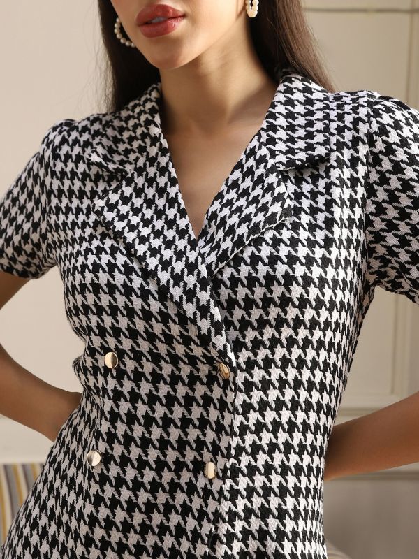 Globus Women Black & White Houndstooth Pattern Notched Lapel Double Breasted Mini Workwear Blazer Dress