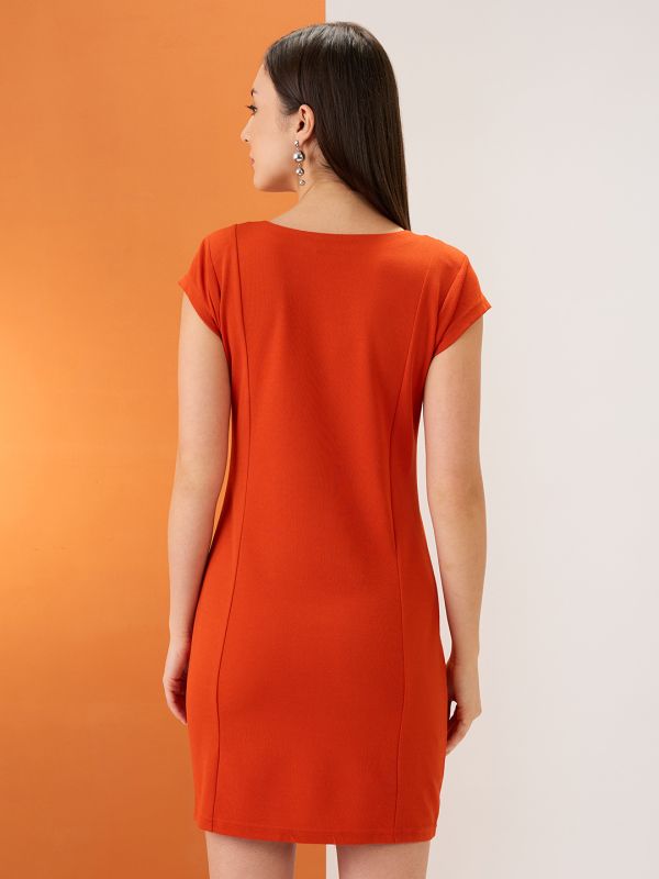 Globus Women Rust Keyhole Neck Short Sleeves Mini Sheath Workwear Dress