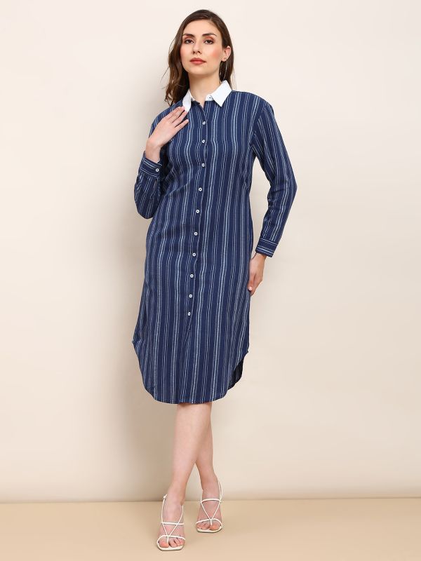 Globus Women Blue & White Striped Print Collared Neck Cuffed Sleeves Curved Hem Shirt Style Midi Workwear Dress