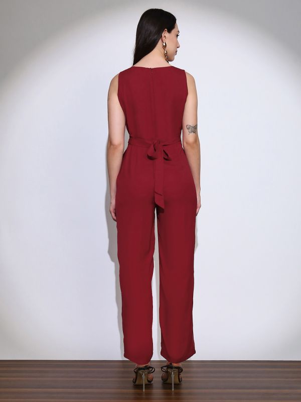 Globus Women Maroon Wrap Neck Sleeveless Tie-Up Back Solid Wide Leg Workwear Jumpsuit