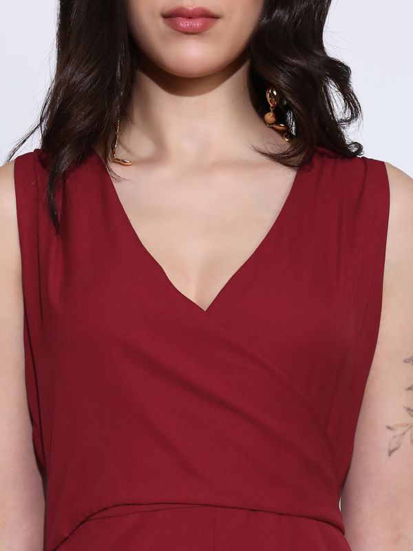 Globus Women Maroon Wrap Neck Sleeveless Tie-Up Back Solid Wide Leg Workwear Jumpsuit