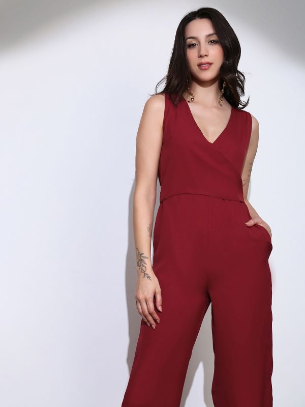 Globus Women Maroon Wrap Neck Sleeveless Tie-Up Back Solid Wide Leg Workwear Jumpsuit